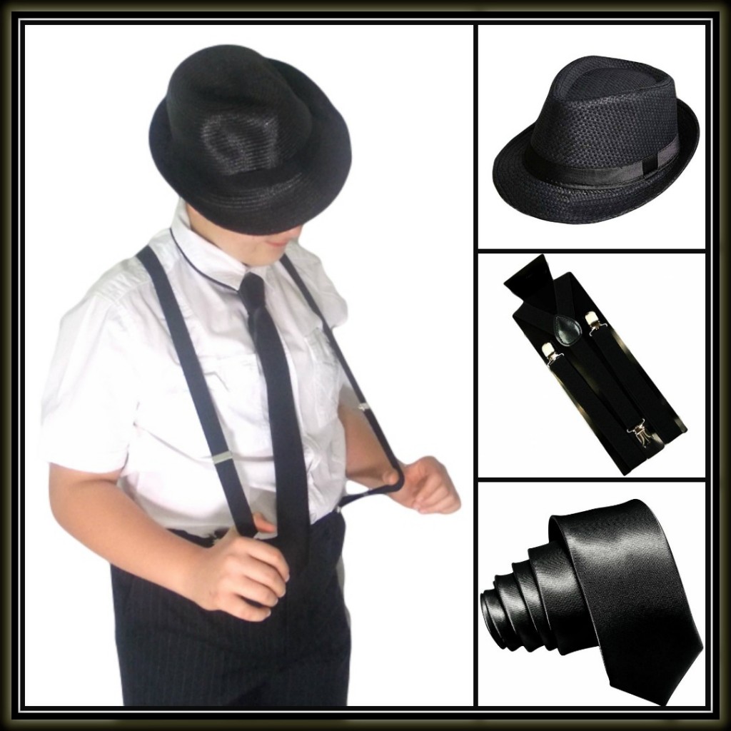 black suspenders tie black hat mafia collage