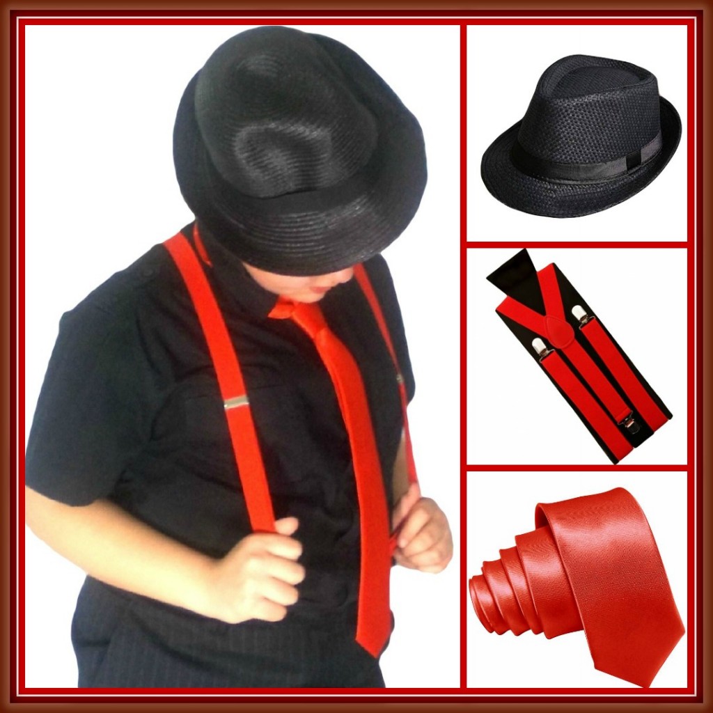 red suspenders tie black hat mafia collage
